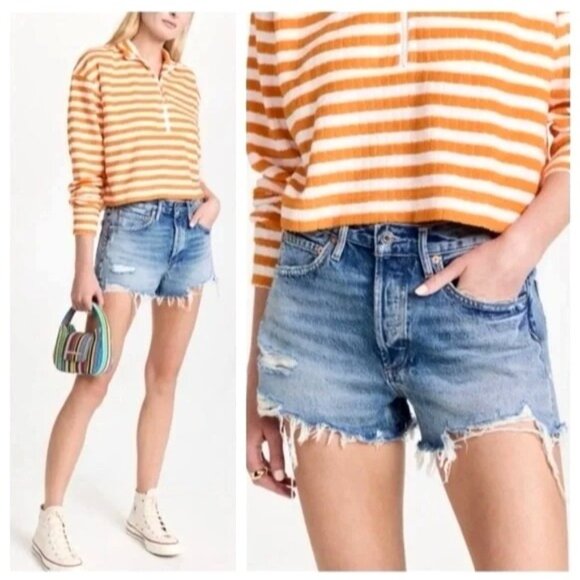 Agolde Shorts Women 24 Blue Denim Distressed Vintage Cut Off Parker Jean Luxury‎ - Picture 1 of 8